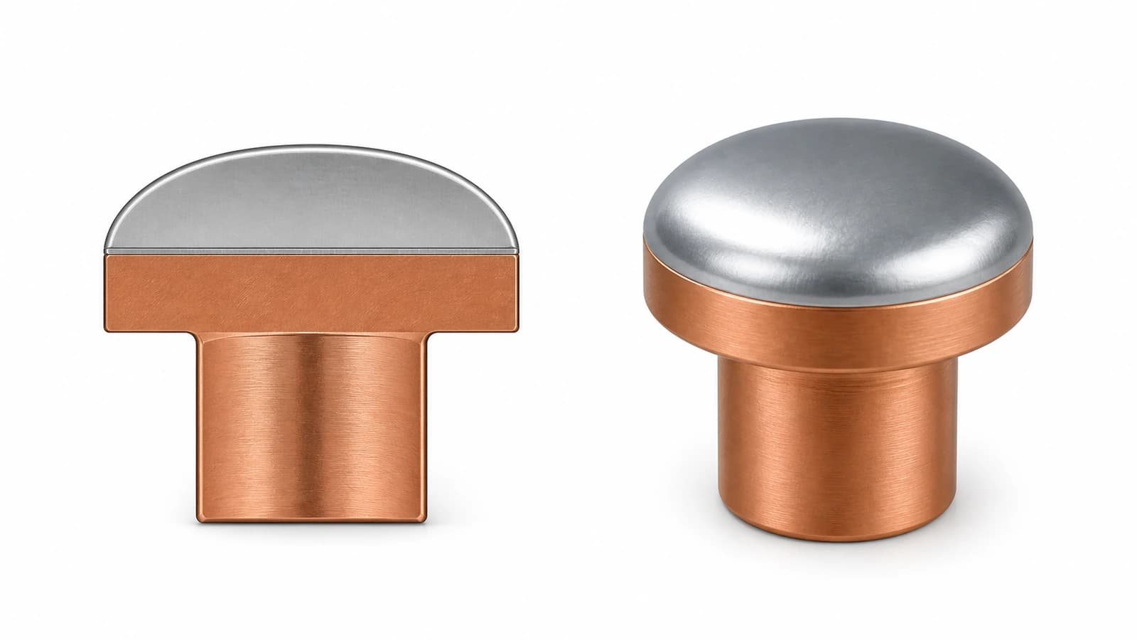 Two-view illustrative render of a bimetal contact rivet with a silver contact head and copper base shank.