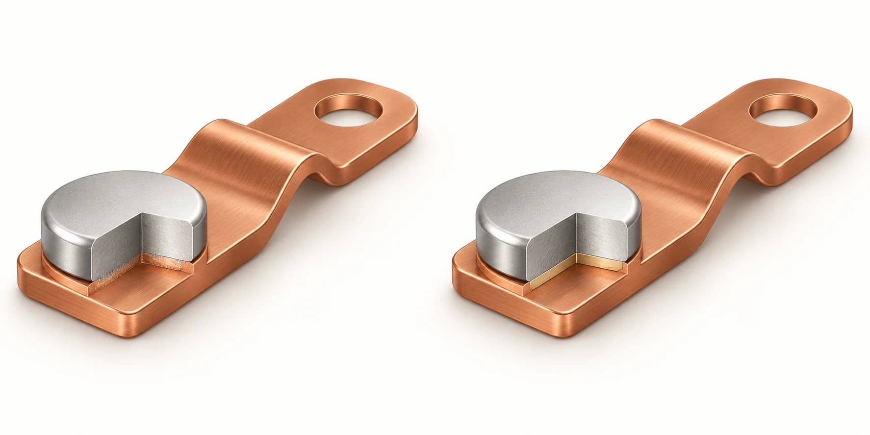 Fusion welding · example. A local fused region joins the contact and conductive support.